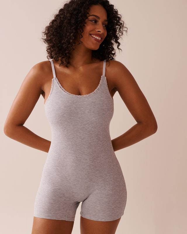 la Vie en Rose Ribbed Modal and Lace Trim Sleeveless Romper - Grey XS