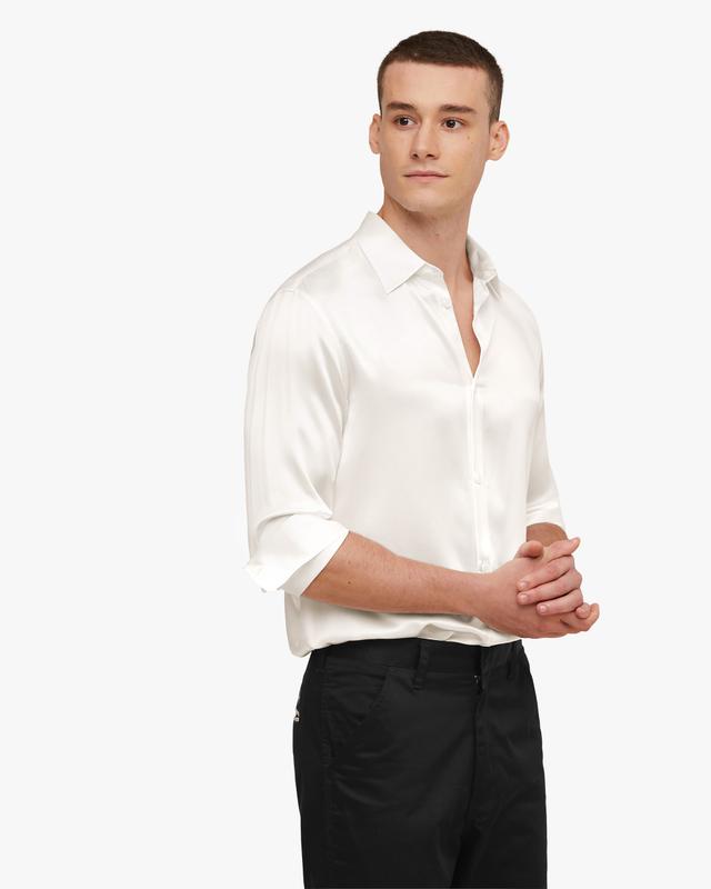 LILYSILK White Silk Shirt Mens UK Pure Silk Comfortable Mother-Of-Pearl Buttons Silk Shirt L