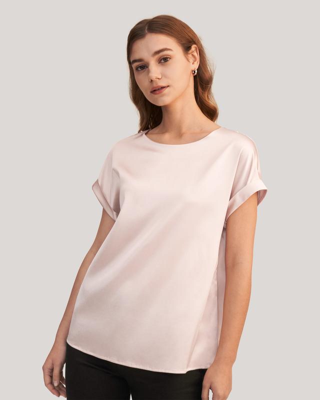 LILYSILK Tee Shirt Soie Femme Poignets Roulés, Manches Courtes Soie Extensible De Qualité Naturellement Antibactérien T-Shirt Brun Clair XS