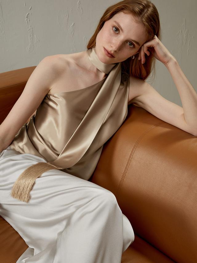 LILYSILK Top Soie Femme Bronze Bretelles À Pompons Autour Du Cou Charmeuse De Soie Watershine Convient À Toutes Les Saisons 48