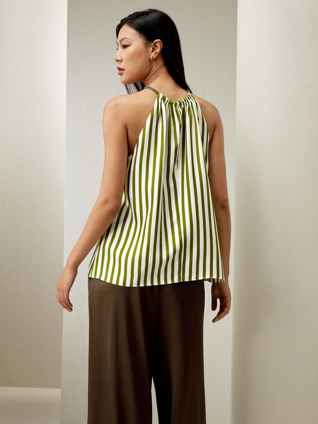 LILYSILK Top Soie Rayures Vert-Blanc Top Sans Manches À Col Roulé 100% Soie Pure Léger Et Résistant Aux Rides S