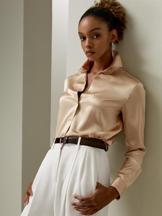 LILYSILK Womens Silk Button Up Shirt - Light Camel Natural Silk - Organic Shell Buttons Silk Blouse M