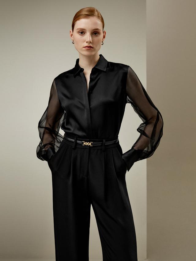 LILYSILK Shirt for Women Silk - Black Pure Silk - Fashionable Sheer Sleeve Blouse M