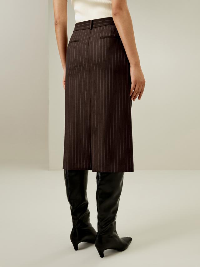 Dark Brown Silk Wool Pencil Skirt | Pinstripe Detail