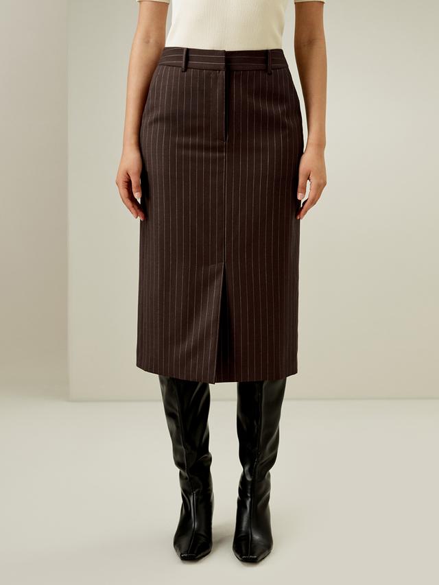 Dark Brown Silk Wool High Waist Midi Skirt | Pinstripe