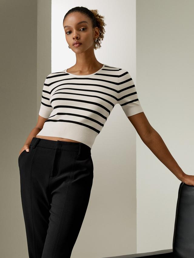 LILYSILK T Shirt En Soie Blanc Avec Des Rayures Noires Col Rond, Coupe Slim 100% Soie Pure Élégance Intemporelle Et Style Sophistiqué L