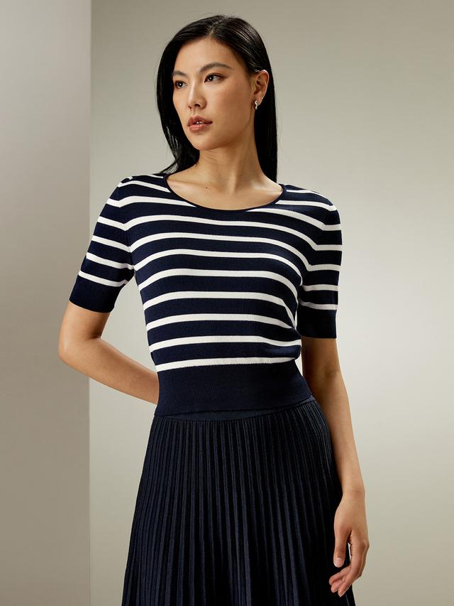 LILYSILK Womens Silk T Shirt - Navy Blue and White Stripes Pure Silk - Soft Crop T Shirt M