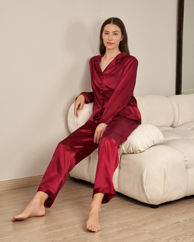 LILYSILK Silk Nightwear For Women Red UK 22 Momme Silk Luxurious Elastic Waistband Pyjamas XS