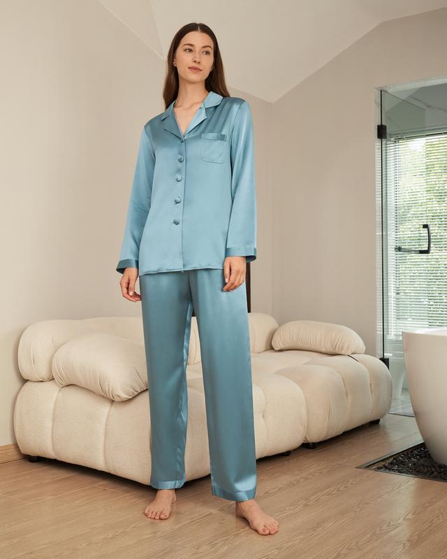 LILYSILK Silk Pjs For Women Blue UK Mulberry Silk Ultra-Sustainable Elastic Waistband Pyjama Sets XS