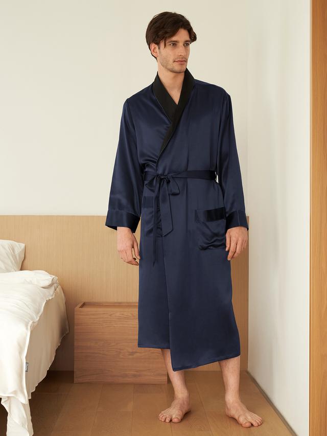 LILYSILK Robe De Chambre En Soie Naturelle Homme Bleu Marine Col Crois¨¦, Jusqu'Aux Jambes 100 Soie Bon Rapport Qualit¨¦-Prix Respectueux De La Peau XS