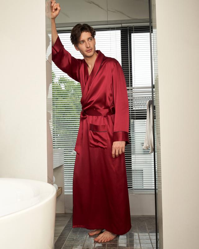 LILYSILK Peignoir Soie Homme Rouge Vineux Col Rabattu, Style Naturel 100% Soie De Mûrier Respirant Super Léger Peignoir S