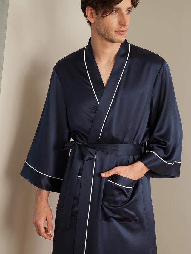 LILYSILK Peignoir Kimono Soie Homme Bleu Marine Col Châle, Manches Longues 100% Soie Pure Bonne Qualité Lavable En Machine Peignoir XXL