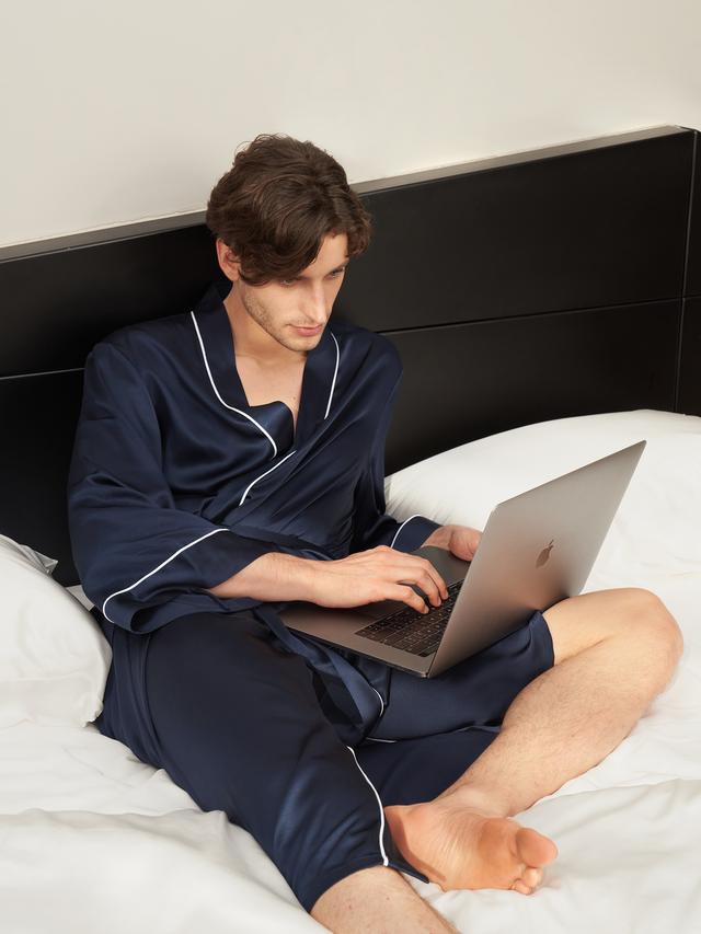 LILYSILK Mens Silk Robe Navy Blue 3/4 Length Kimono Sleeves Naturally Hypoallergenic XS