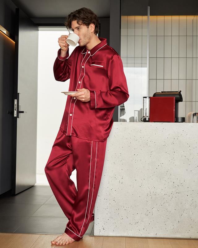 LILYSILK Silk Pjs For Men United Kingdom 22mm Long Sleeves Unique Red Xl