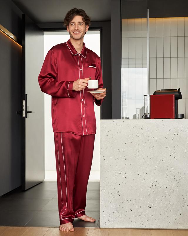 LILYSILK Mens Silk Pajama Set UK 22 Mm Long Sleeves With Banded Piping Cuffs Comfortable Red M