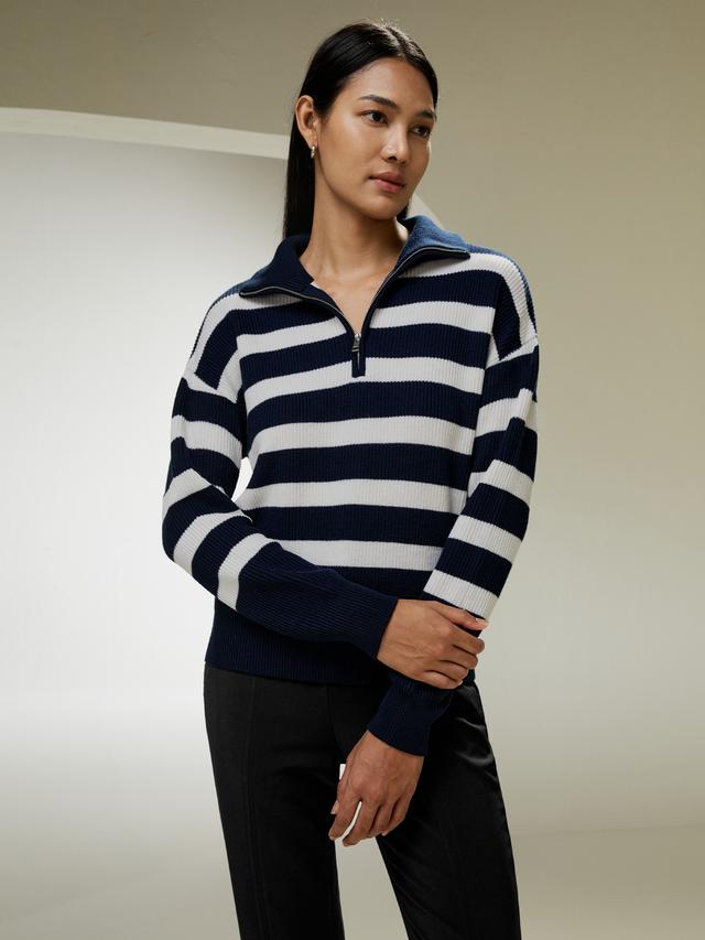 LILYSILK Woolen Sweater for Ladies Navy Blue with White Stripes Pure Wool Casual Dropped-Shoulder Sweater S