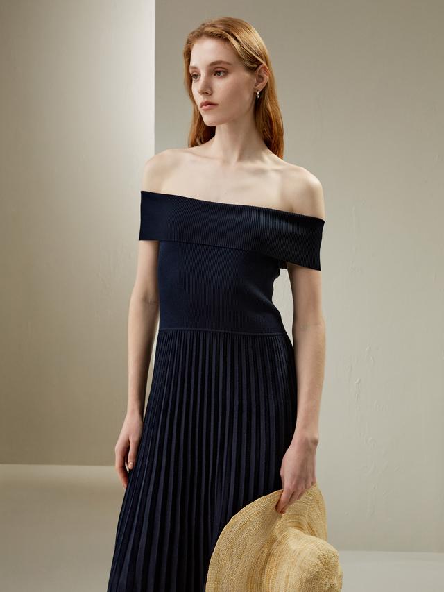 LILYSILK Female Long Silk Dress - Navy Blue Silk Knitted - Charming Sleeveless Pleat Dress L