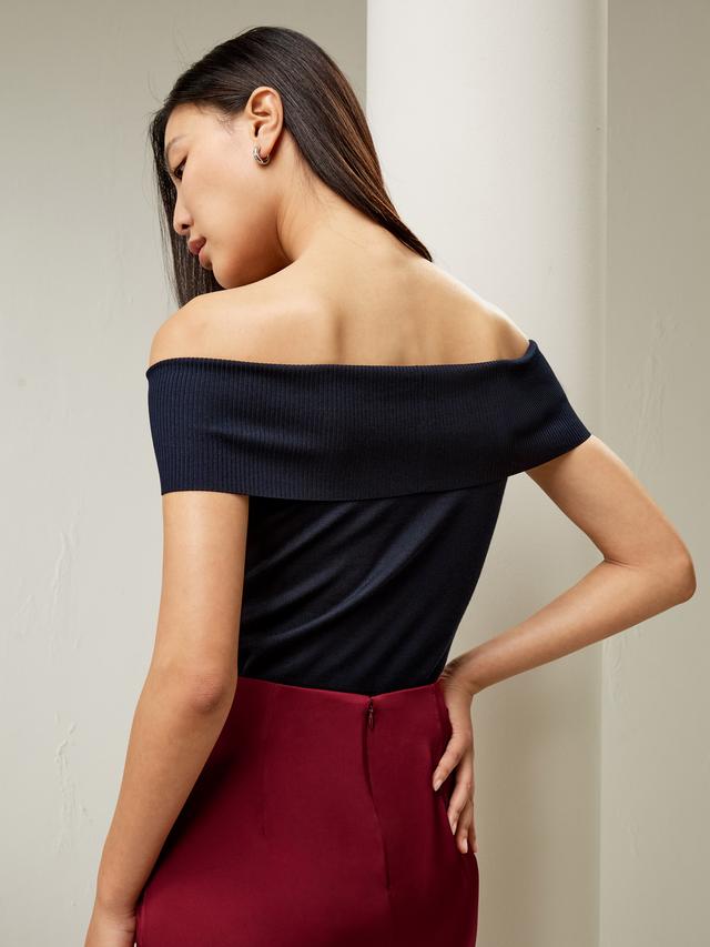 LILYSILK Womens Off The Shoulder Silk Top - Navy Blue Natural Silk - Fashionable Off-The Shoulder Silk Top XS