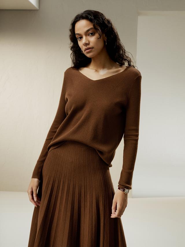LILYSILK Pull En Laine Femme Caramel Encolure En V Large, Coupe Ample 100% Laine Équilibre Parfait De L'Épaisseur M