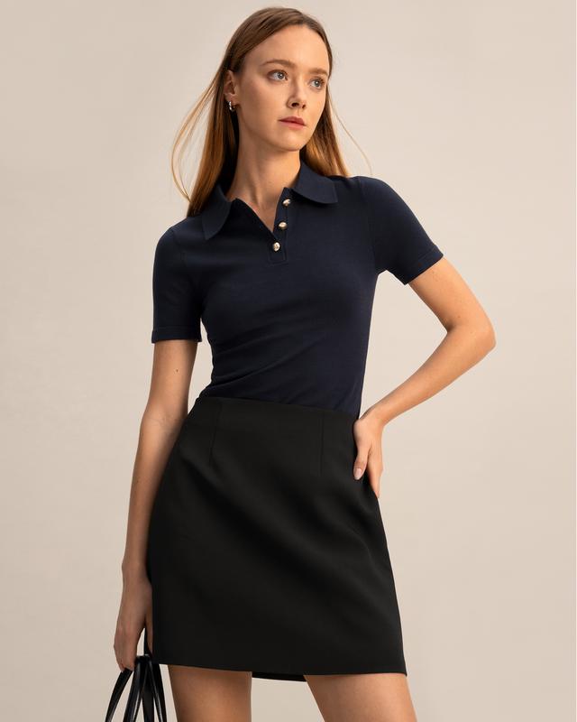 LILYSILK Silk T Shirt Women Polo V-Neck Navy Blue S