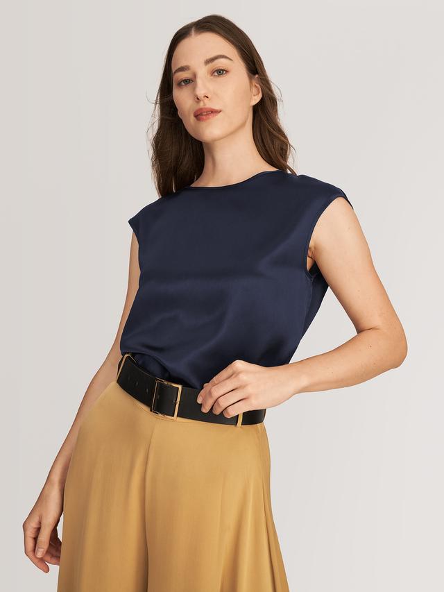 LILYSILK Womens Silk Shirts Navy Blue UK 100% Silk Relaxed Round Neck Sleeveless Top L