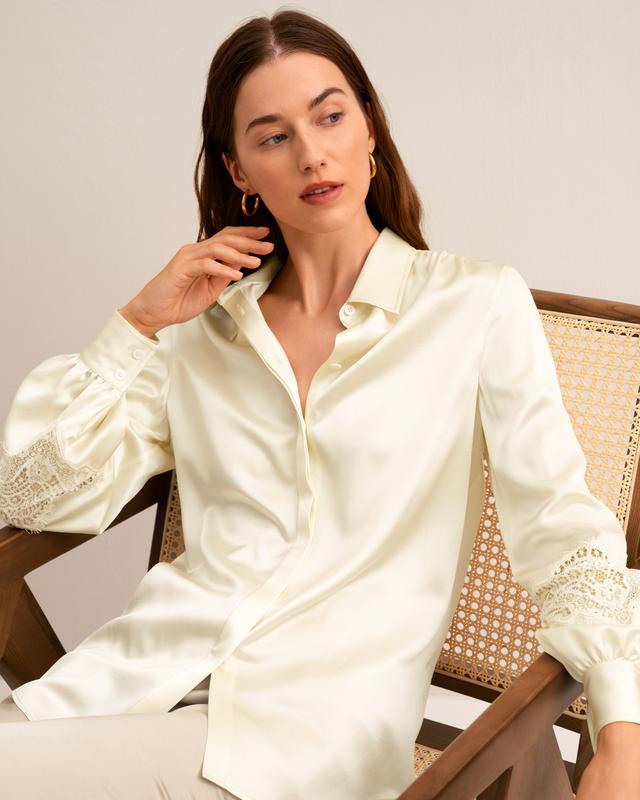 LILYSILK 100 Silk Shirt for Women Delicate Lace on Sleeves Concealed Placket Free of Harmful Chemicals Lily White S