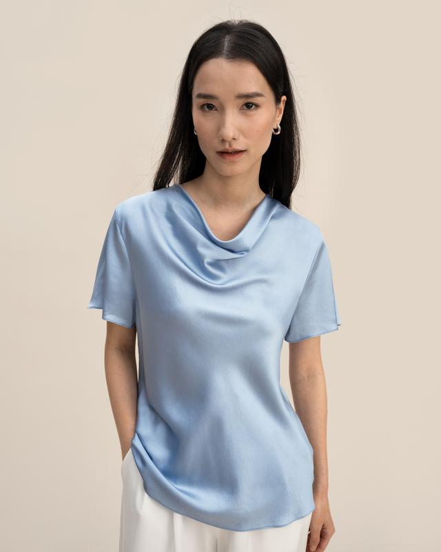 LILYSILK Tee Shirt Soie Femme Bleu Ciel Cou De Capot, Manche Courte 100% Soie Pure Régulation De La Température 40
