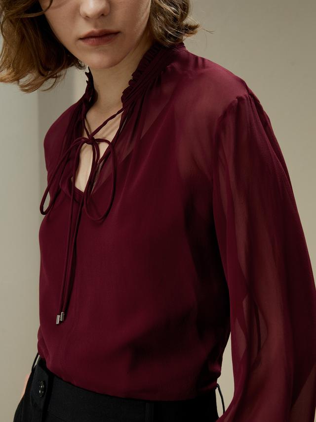 LILYSILK Silk Shirt Women Red Semi-Sheer Georgette Tie Collar Delicate Ruffles At The Hem 100% Grade 6A Mulberry Silk L