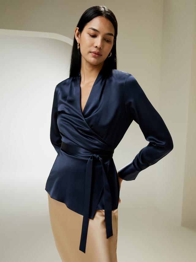 LILYSILK X Natasha Silk Wrap Blouse Slim Fit Wardrobe Must-Have UK Navy Blue UK 16