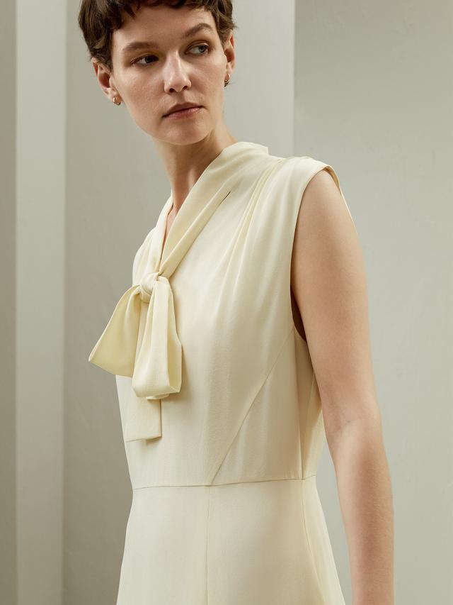 White Silk Bow Midi Dress with Flowing Silhouette