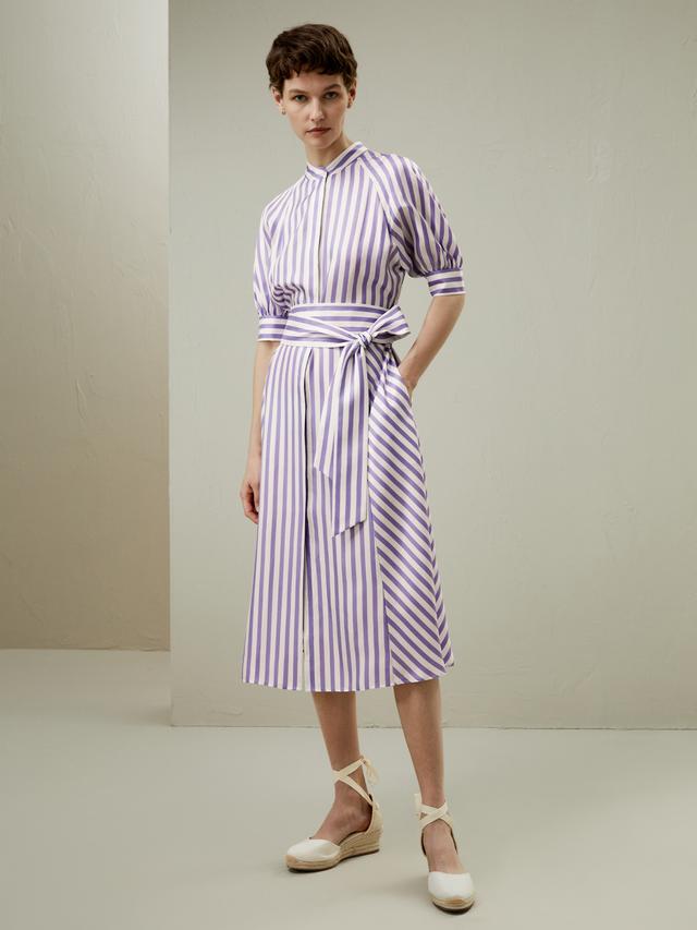 Purple White Striped Silk Shirtdress with Waist Tie