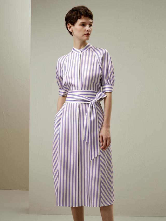 LILYSILK Striped Silk Dress Purple-White Pinstripes 100% Silk Twill Stylish Short Sleeved Dress XS