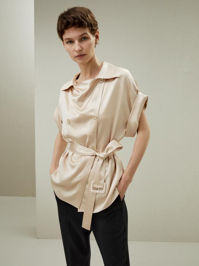 LILYSILK Short Silk Trench Coat for Women Champagne Gold 100% Grade 6A Silk Fashionable Short Sleeve T-Shirt L