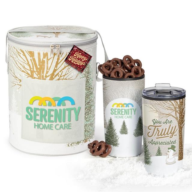 18 Winter Scene Cooler Bag & Teton Tumbler 20 oz. With Pretzels Gift Set in Holiday Gift Sleeves - Personalization Available