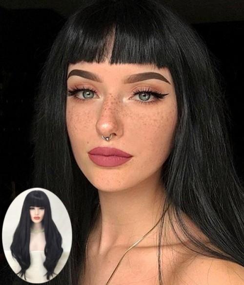Barbie Doll | Black Long layered Synthetic Lace Front Wig with Bangs