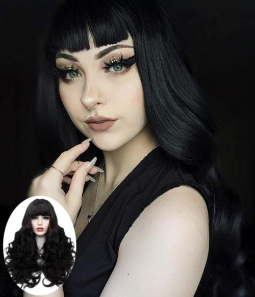 Barbie Doll | Black Long layered Wavy Synthetic Lace Front Wig with Bang