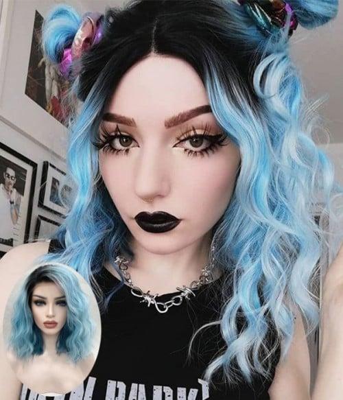 Starry Sky | Pastel Blue Shoulder Length Beach Wave Bob Synthetic Lace Front Wig