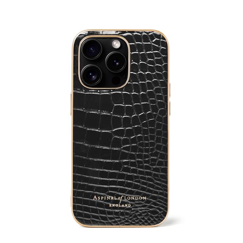 Aspinal of London iPhone 15 Pro Case in Black Patent Croc