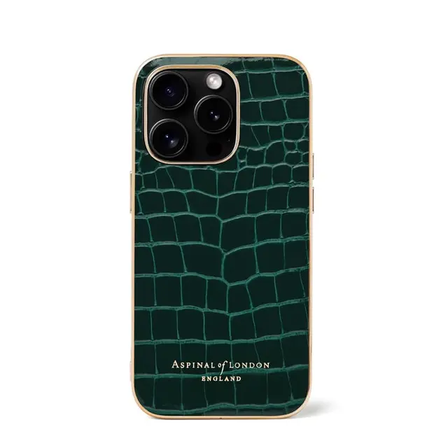 Aspinal of London iPhone 15 Pro Case in Evergreen Patent Croc