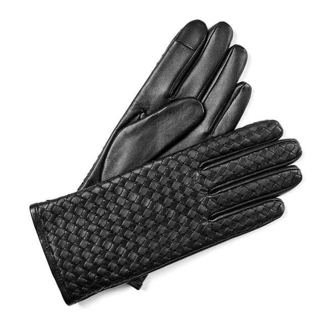 Aspinal of London Women's Woven Leather Gloves in Black Nappa