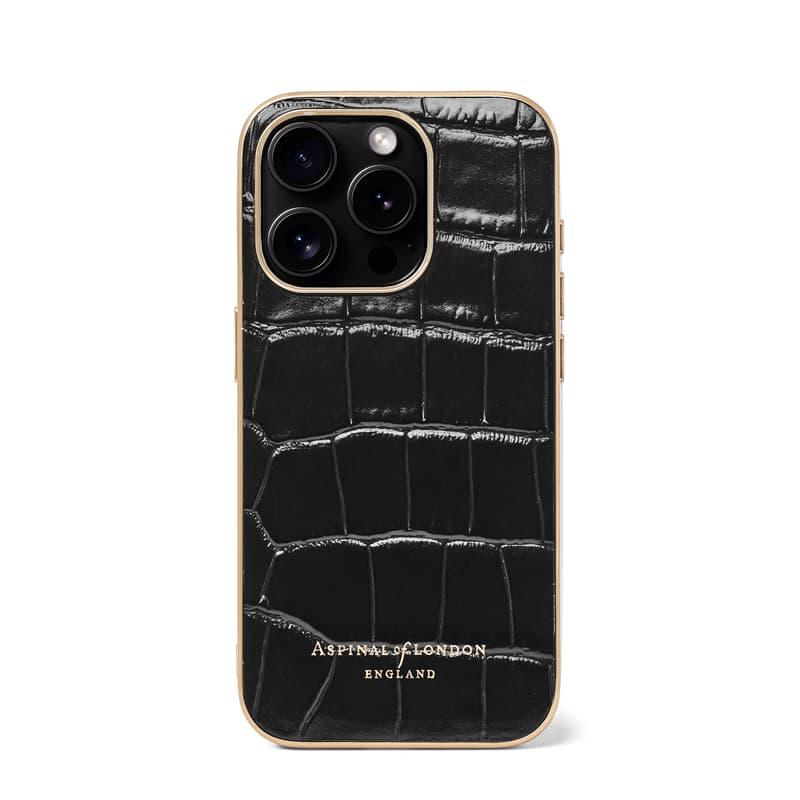 Aspinal of London iPhone 15 Pro Case in Deep Shine Black Croc