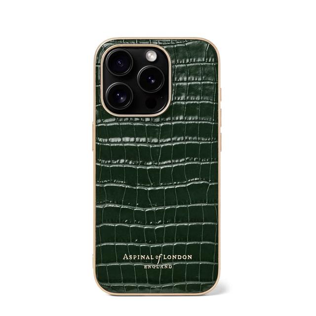 Aspinal of London iPhone 15 Pro Case in Deep Shine Evergreen Small Croc
