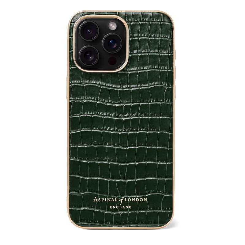 Aspinal of London iPhone 15 Pro Max Case in Deep Shine Evergreen Small Croc