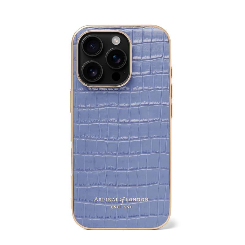 Aspinal of London iPhone 16 Pro Case in Deep Shine Capri Blue Small Croc