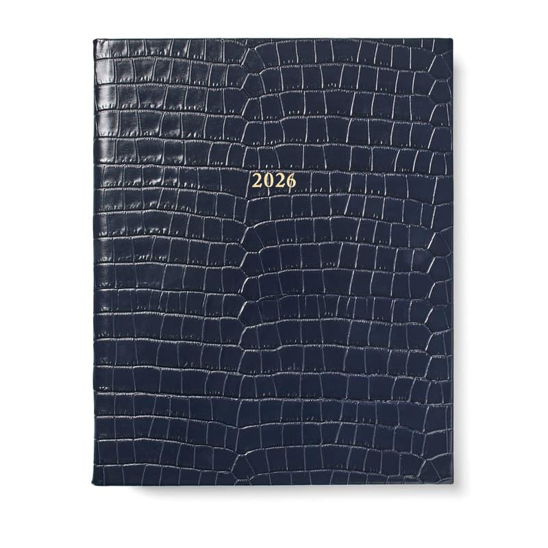 Aspinal of London 2026 A4 Week to View Leather Diary in Deep Shine Navy Small Croc