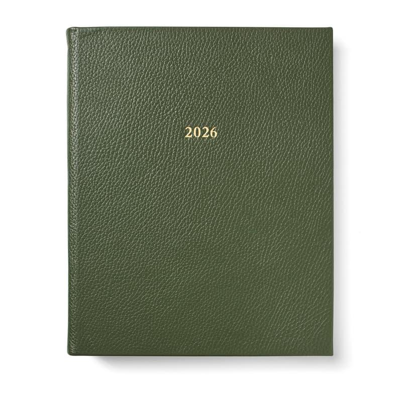 Aspinal of London 2026 A4 Week to View Leather Diary in Racing Green Pebble