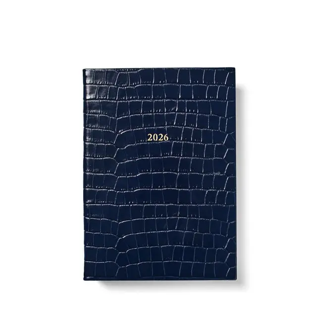 Aspinal of London 2026 A5 Week to View Leather Diary in Deep Shine Navy Small Croc