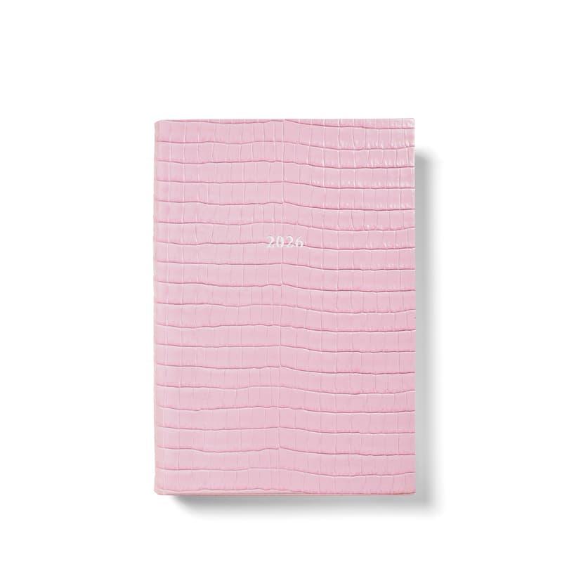 Aspinal of London 2026 A5 Day to Page Leather Diary in Deep Shine Powder Lilac Small Croc