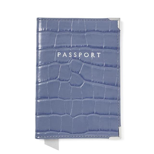 Aspinal of London Passport Cover in Deep Shine Heritage Blue Croc