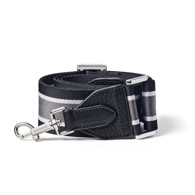 Aspinal of London Webbing Bag Strap in Black Pebble with Black, Grey & White Stripes